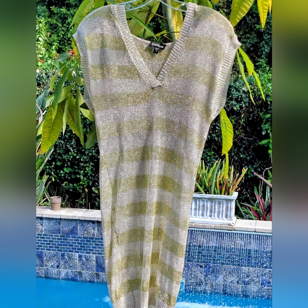 bebe Olive Green and Beige Striped Knit Mini Dress